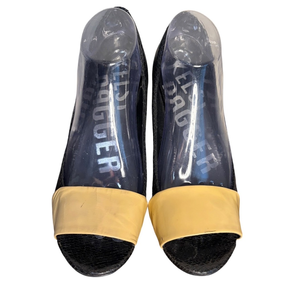 Kelsi Dagger Black Tan Wedge Heels Excellent Snakeskin Peep Toe Women's Size 9.5 - Picture 2 of 7